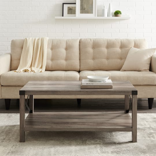 Walker Edison Gray & Black Metal & Rustic Wood Coffee Table